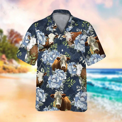 Hereford Floral Hawaiian Shirt, Beach Shirt For Farm Animal Lovers HO1435
