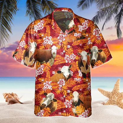 Hereford Floral Hawaiian Shirt, Beach Shirt For Farm Animal Lovers HO1435