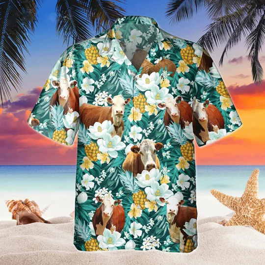 Hereford Floral Hawaiian Shirt, Beach Shirt For Farm Animal Lovers HO1435