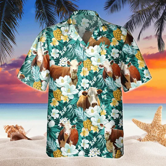 Hereford Floral Hawaiian Shirt, Beach Shirt For Farm Animal Lovers HO1435