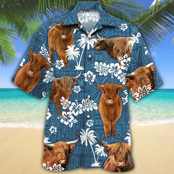 Highland Cattle Lovers Blue Tribal Hawaiian Shirt, Horse Hawaiian shirts, Horse aloha shirt for men, Hawaii shirt woman HO2645
