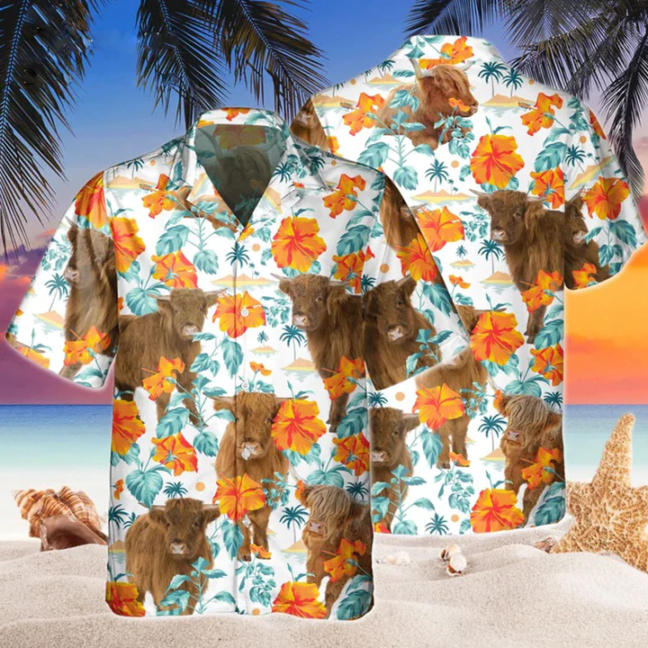 Highland Bright Hibiscus Flowers Hawaiian Shirt, Cow Hawaii shirts men, Flowers Aloha Shirt For cow Lovers HO2224