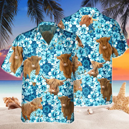 Highland Blue Hibiscus Flowers Hawaiian Shirt, Cow Hawaii Shirt, Cow Lovers Shirt For Men HO2217