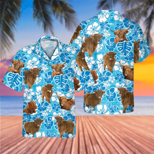 Highland cow Blue Floral Hawaiian Shirt, Cow Hawaii Shirt, Cow Lovers Shirt For Men HO2218