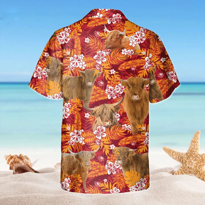 Highland Red Orange Floral Hawaiian Shirt, Flowers Aloha Shirt For cow Lovers HO2221