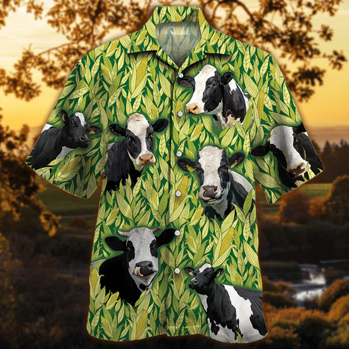 Holstein Friesian Cattle Lovers Corn Pattern Hawaiian Shirt for Men HO2515