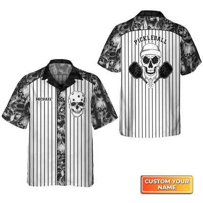 Skull Vertical Stripes Personalized Name 3D Hawaiian Shirt Gift For Pickleball Player HO3744