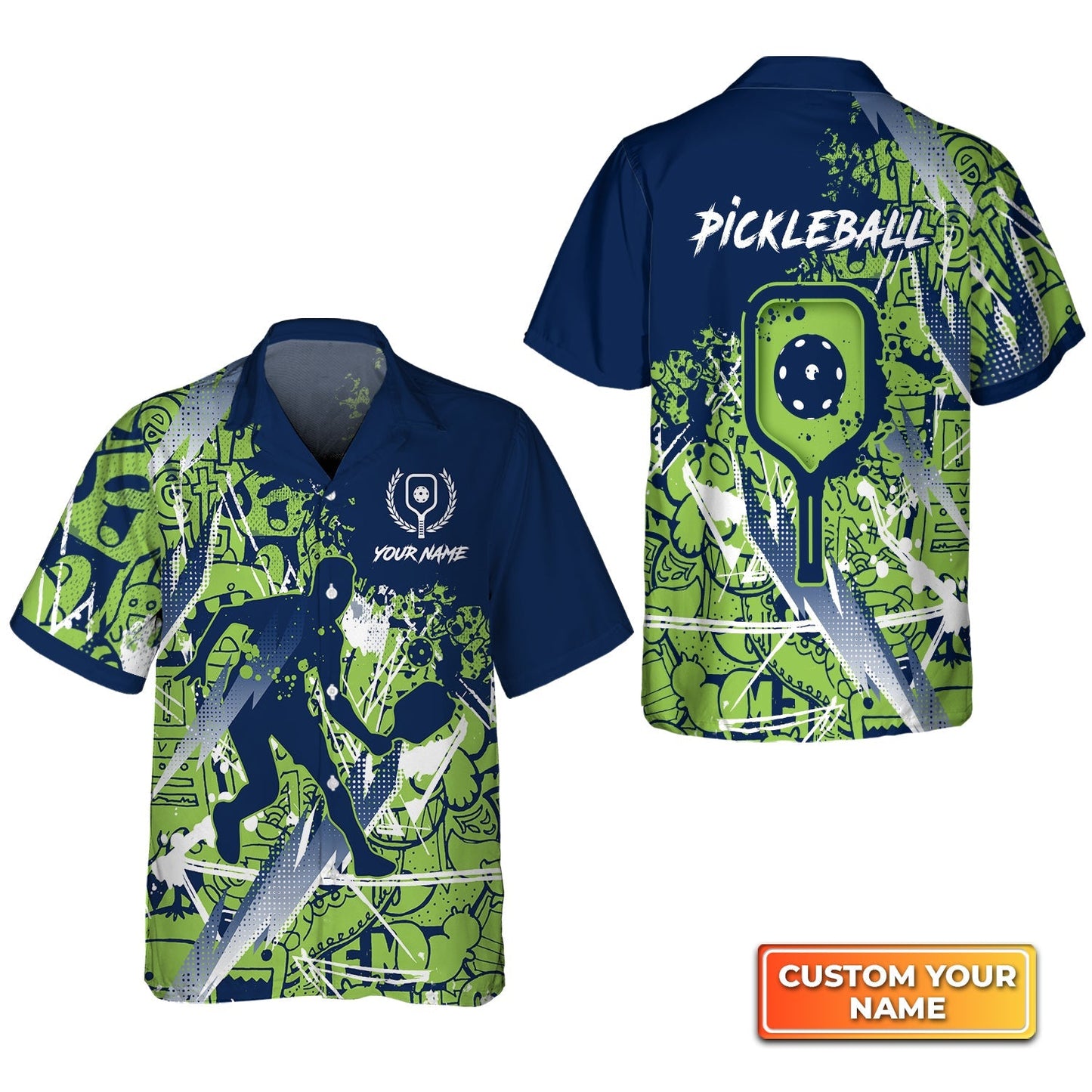 Pickleball - Scritch Man Green Blue Pattern Personalized Name 3D Hawaiian Shirt Gift For Pickleball Player HO3742