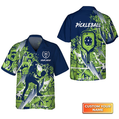 Pickleball - Scritch Woman Green Blue Pattern Personalized Name 3D Hawaiian Shirt Gift For Pickleball Player HO3743