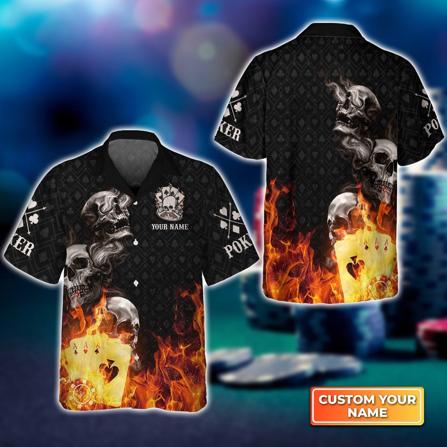 Poker Four Of A Kind Aces Skull On Fire Personalized Name 3D Hawaiian Shirt For Poker Players HO3747
