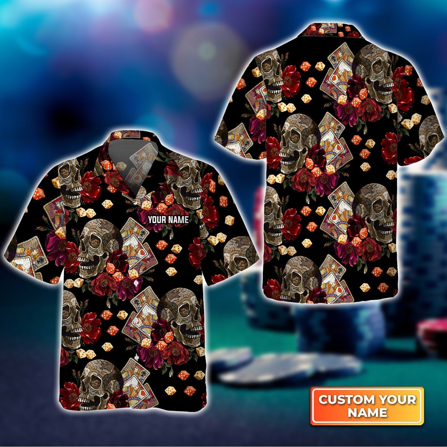 Casino Skull Colorful Personalized Name 3D Hawaiian Shirt For Poker Players HO3751