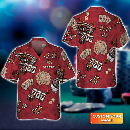 Casino Pattern Red Personalized Name 3D Hawaiian Shirt For Poker Players HO3749