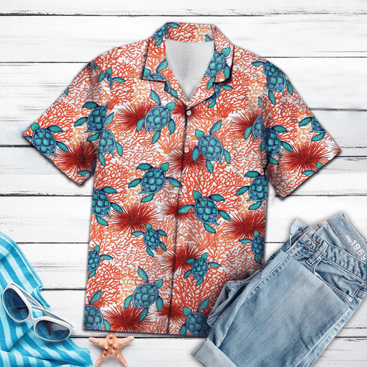 Hand Drawn Blue Turtle Coral Reef Pattern Hawaiian Shirt HO1394