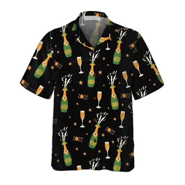 Happy New Year Champagne Bottle And Glass Lovely Pattern Hawaiian Shirt HO0760