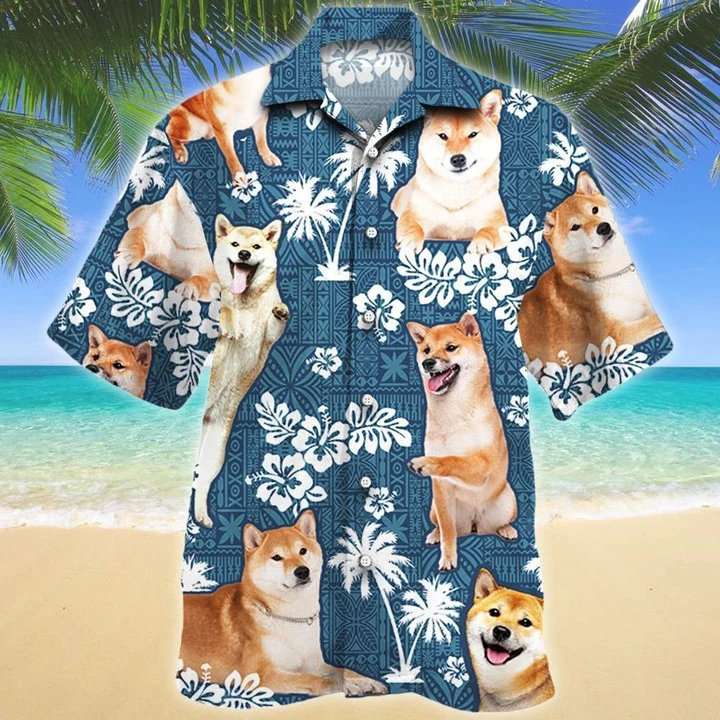 Happy Shiba Inu Dog Blue Tribal Pattern White Plant Hawaiian Shirt HO1985