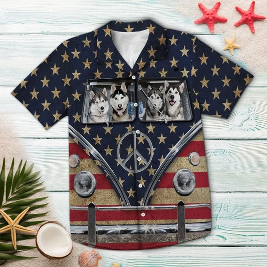 Happy Siberian Husky Family Riding Flag Hippie Bus Hawaiian Shirt HO1649