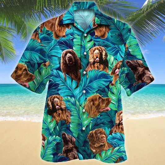 Happy Sussex Spaniel Dog Lovers Summer Beach Palm Tree Hawaiian Shirt, Short Sleeve Hawaiian Aloha Shirt for men and women HO1827