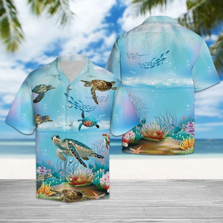 Happy Turtle Swimming Undersea Life Themed Hawaiian Shirt HO1395