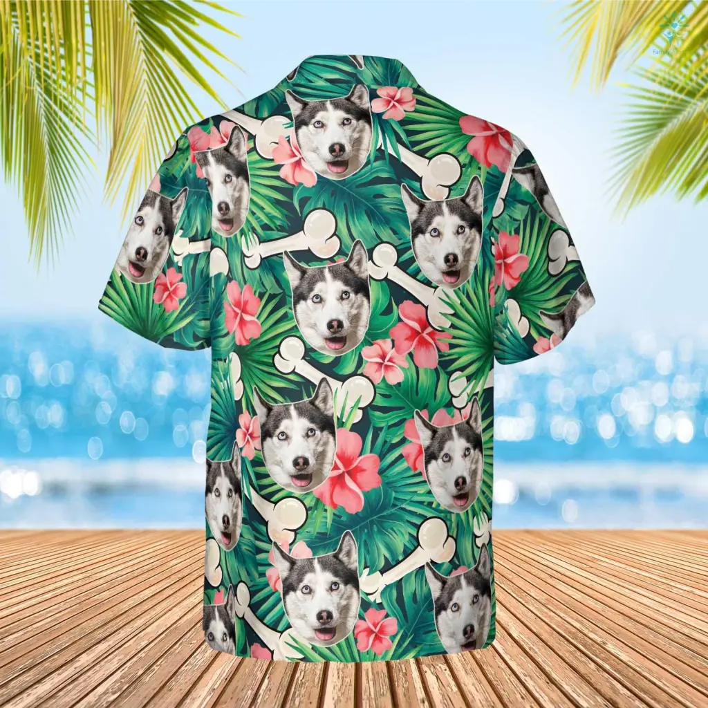 Custom Photo Dog Green Leaves With Bones Hawaiian, Funny Summer Shirt Beach Hawaiian Shirt, Idea Gift for Pet Lover HO4321