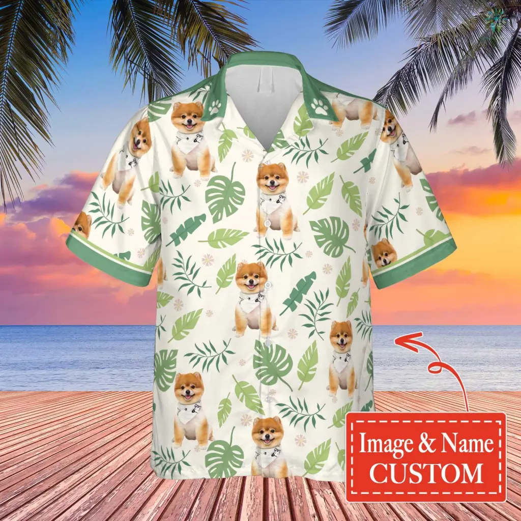 Custom Name And Image Dog Summer Hawaiian Shirt, The Dog and The Leaves Shirt, Gift for Men Women, Idea Gift for Dog Lover HO4304