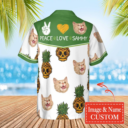 Pineapple Cat, Peace, Love Hawaiian Personalized Name And Image Cat Summer Shirt Beach Hawaiian Shirt HO4300