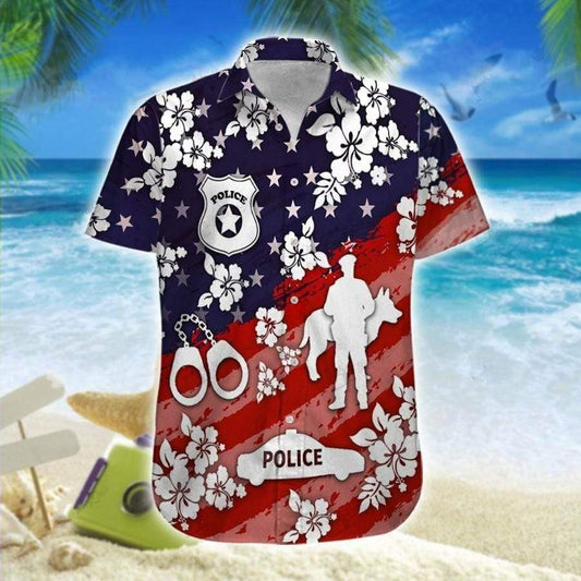 Hawaiian Aloha Shirt Made In Hawaii Police Navy And Red HO0563