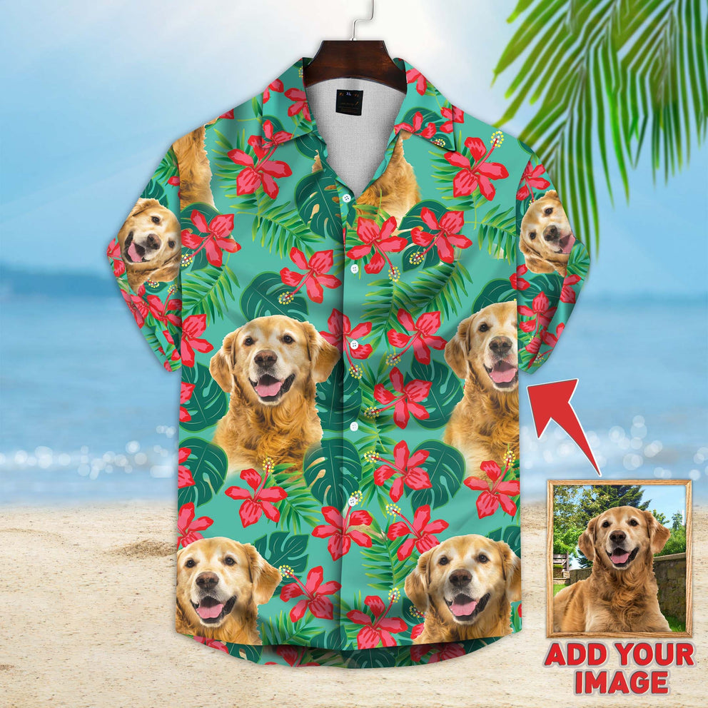 Custom Image Dog Leaves & Flowers Pattern Short-Sleeve Hawaiian Shirt Mint Color, Gift for Men Women, Hawaiian Shirt for Dog Lover HO4336