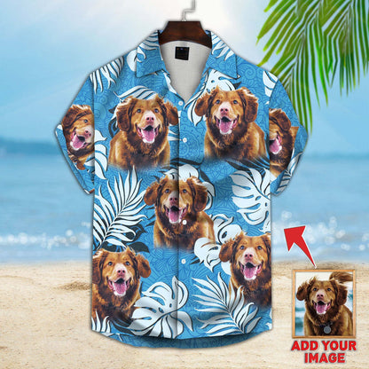 Custom Image Leaves Pattern Short-Sleeve Hawaiian Shirt Sea Blue Color, Dog aloha shirt for men, Hawaii shirt woman HO4384