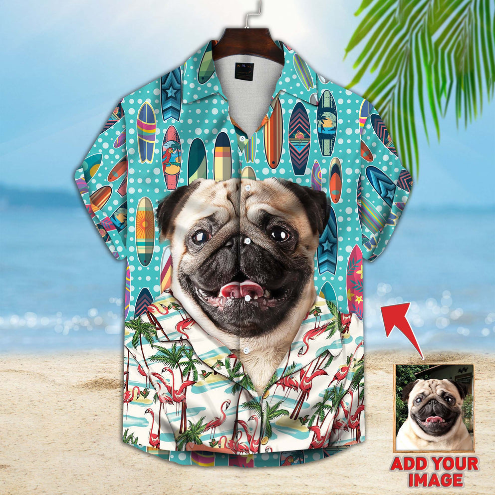 Upload Photo Dog Surfing Pattern Short-Sleeve Hawaiian Shirt, Gift for Dog Lover, Hawaiian Shirt Men Women HO4367