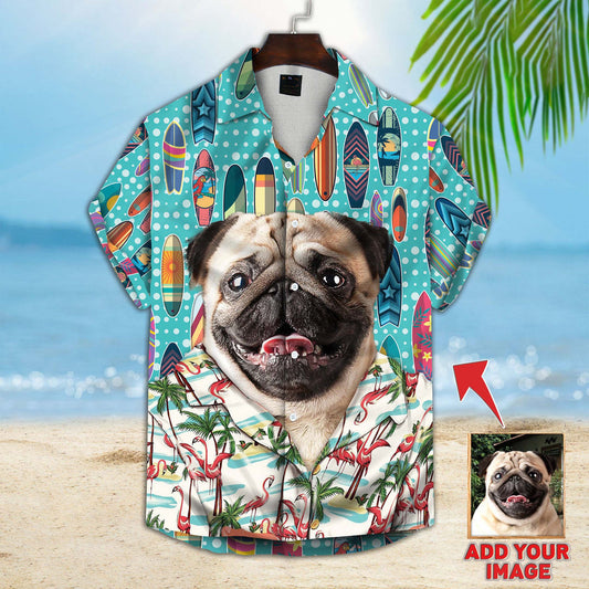 Upload Photo Dog Surfing Pattern Short-Sleeve Hawaiian Shirt, Gift for Dog Lover, Hawaiian Shirt Men Women HO4367