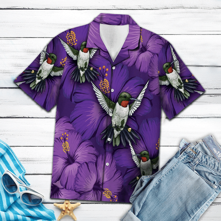 Hawaiian Shirt Blossom Purple Hibiscus With Hummingbird hawaiian shirt for Men HO1652
