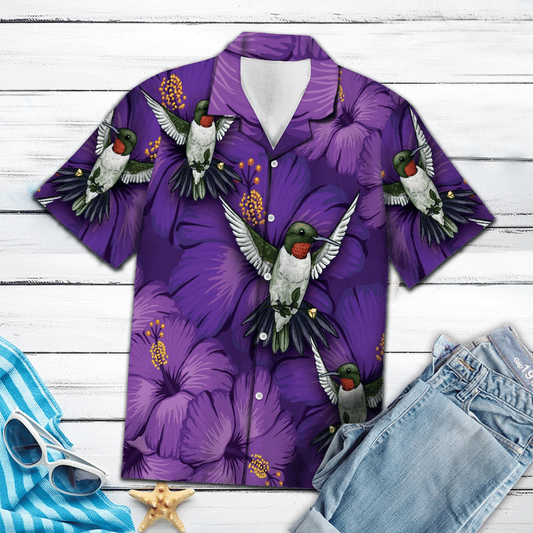 Hawaiian Shirt Blossom Purple Hibiscus With Hummingbird hawaiian shirt for Men HO1652