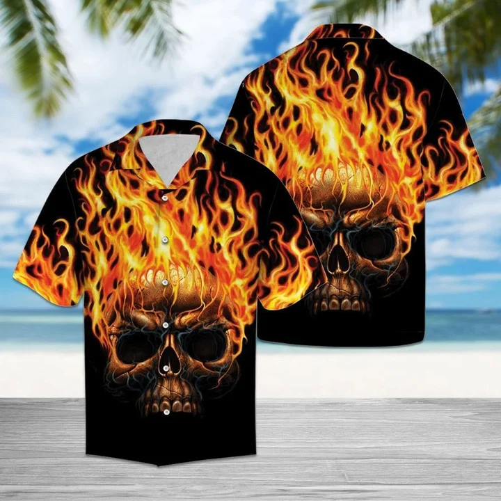 Hawaiian Shirt Flame Metal Skull Head In Black hawaii shirt for Men HO0189