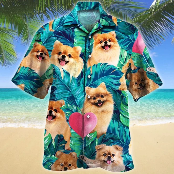 Heart Shape And Pomeranian Dog Lovers Gift Ideas Summer Beach Palm Tree Hawaiian Shirt HO1851