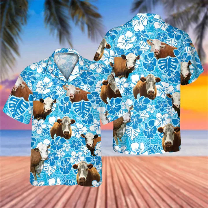 Hereford Blue Floral Hawaiian Shirt, Cow Hawaii Shirt, Cow Lovers Shirt For Men HO3826
