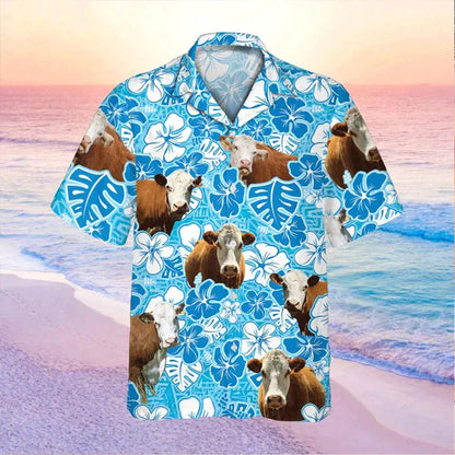 Hereford Blue Floral Hawaiian Shirt, Cow Hawaii Shirt, Cow Lovers Shirt For Men HO3826