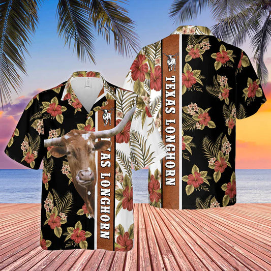 Hibiscus Flowers Texas Longhorn Cattle Brown Hawaiian Shirt, Cow Hawaiian Shirt, summer gifts for men and women HO3827