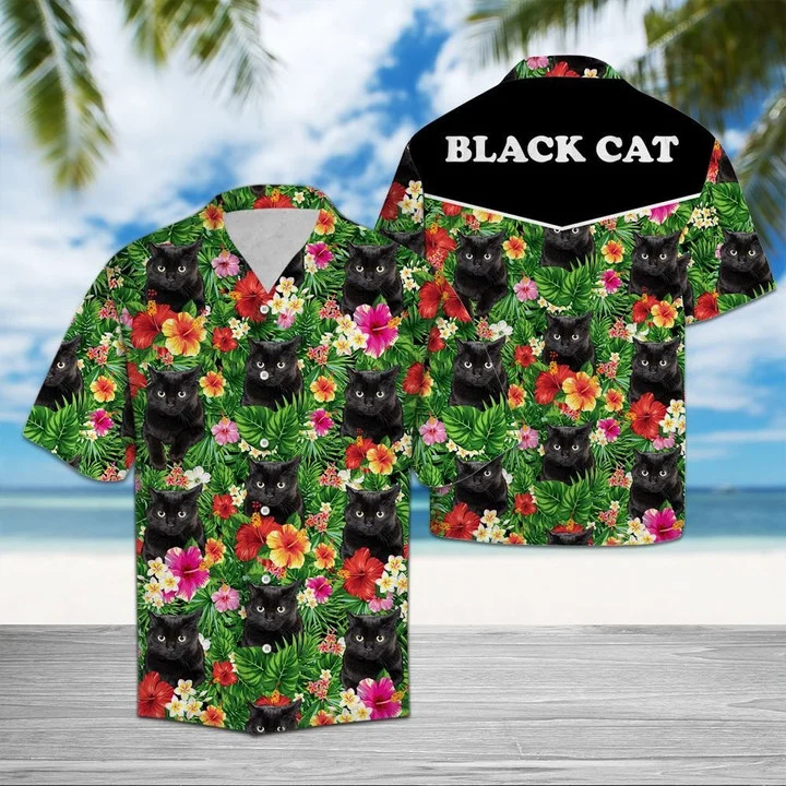 Hiding Black Cat And Flower Tropical Flower Leaves Hawaiian Shirt, black cat aloha hawaii shirt for men, women HO1727