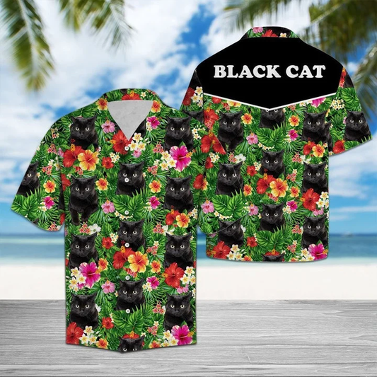 Hiding Black Cat And Flower Tropical Flower Leaves Hawaiian Shirt, black cat aloha hawaii shirt for men, women HO1727