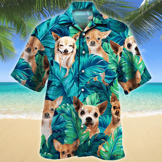 Chihuahua tropical hawaii shirt for dog lovers, Hiding Chihuahua Dog In Tropical Palm Leaves Pattern Hawaiian Shirt HO1646