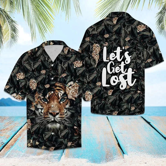 Hiding Tiger Let‘s Get Lost Tropical Hibiscus On Black Pattern Hawaiian Shirt HO3828