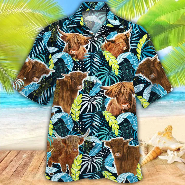 Highland Cattle Lovers Jungle Leaves Hawaiian Shirt, Cow Flower aloha shirt, Hawaiian shirt Men, Women HO3829
