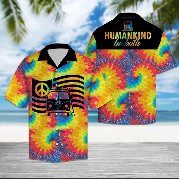 Hippie Car Humankind Be Both Peace Sign Flag On Swirl Tie Dye Hawaiian Shirt HO1405