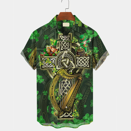St. Patrick's Men's Hawaiian Shirts Viking Jesus Cross Art Stretch Aloha Shirts HO4447
