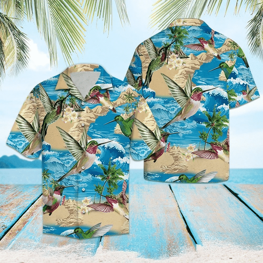 Hummingbird On Beach Summer Blue Wave Pattern Hawaiian Shirt for men and women HO1623