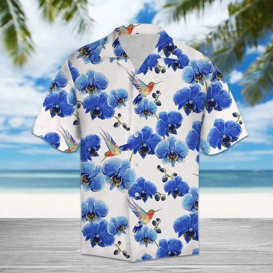 Hummingbird Sucking Blue Orchid In White Hawaiian Shirt HO2175