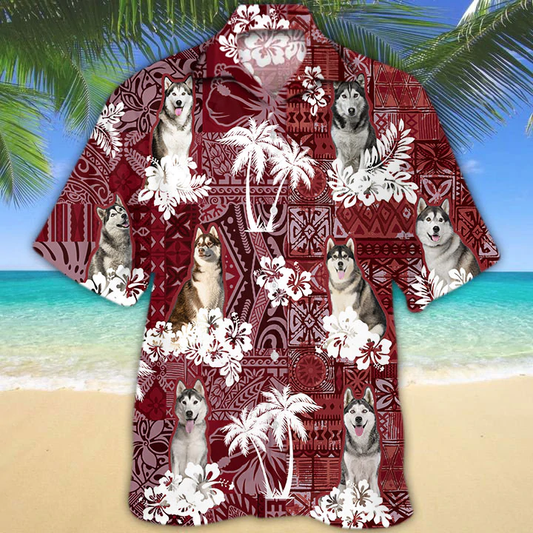 Husky Red Hawaiian Shirt, Gift for Dog Lover Shirts, Men's Hawaiian shirt, Summer Hawaiian Aloha Shirt HO1231