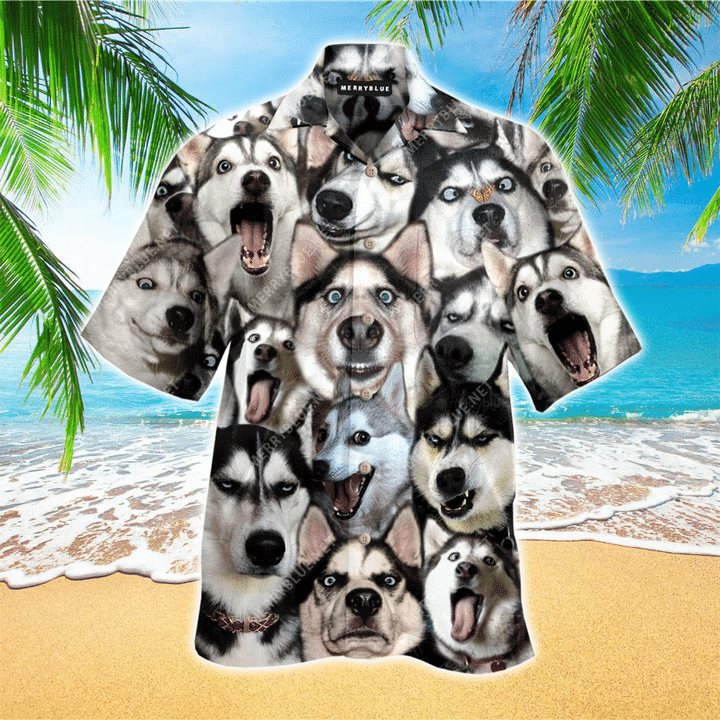 Husky Terrier Mens 3D Hawaiian Shirt, Husky Button Up Shirt HO2394