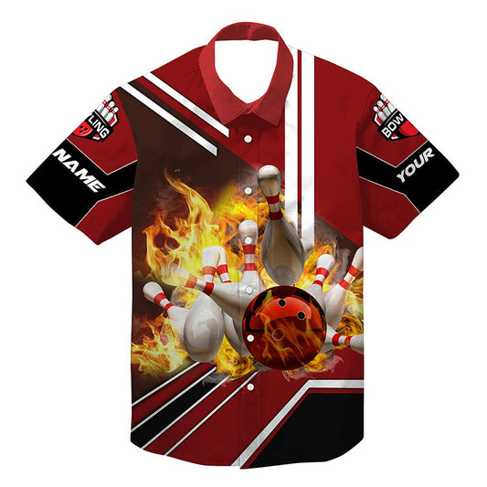 Personalized Hawaiian Bowling Shirts Flame Bowling Ball And Pins, Bowling Shirt For Men Bowlers Red HO4022