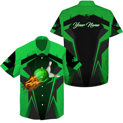 Personalized Hawaiian Bowling Shirts Flame Bowling Ball And Pins, Bowling Shirt For Men Bowlers Multicolor HO4023